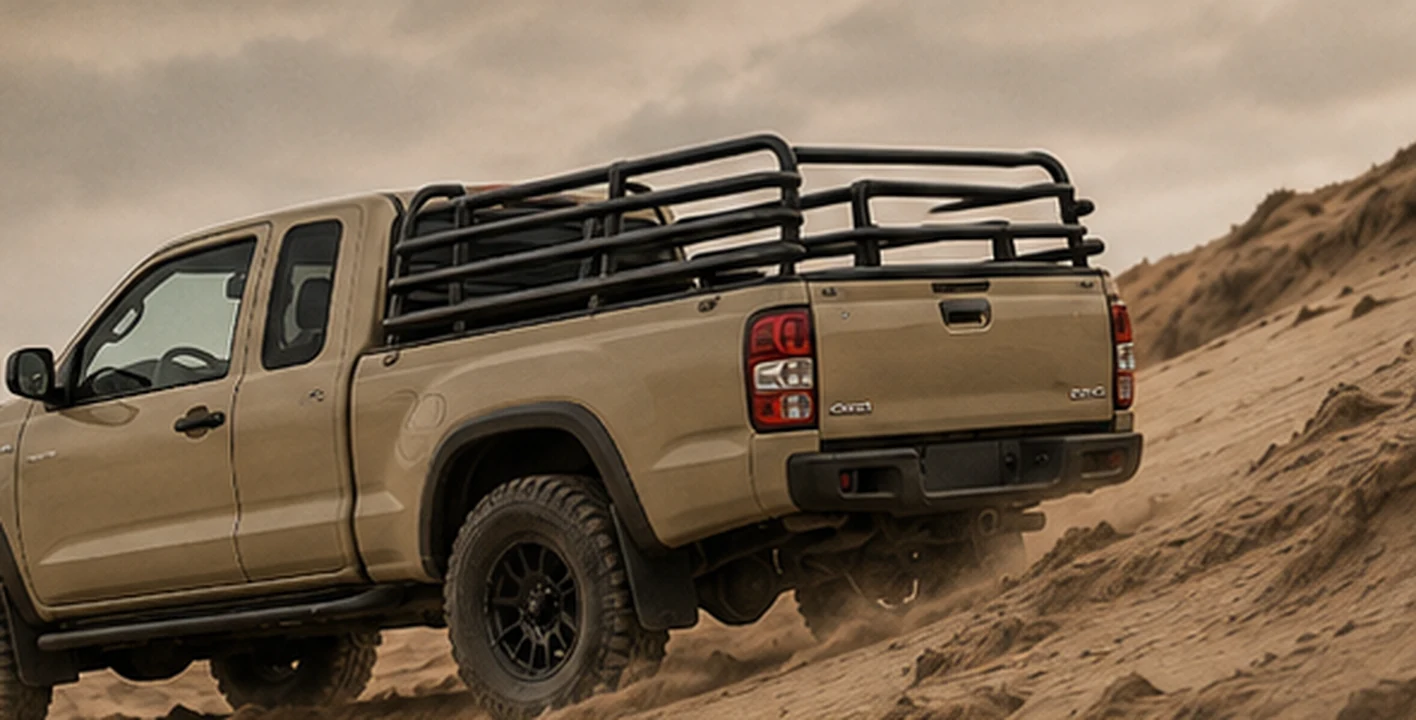 A loaded bakkie working its way up a dune in low light