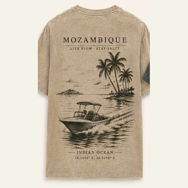 The Mozambique plate: a ski-boat leaving a palm-lined point