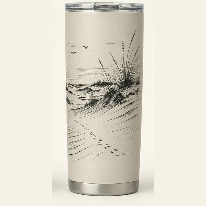 Dune grass detail wrapped around the stainless tumbler
